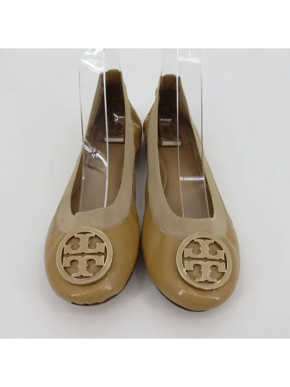 Tory Burch Women 7.5 M CAROLINE Beige Patent Leather Logo Ballet Flats Shoes